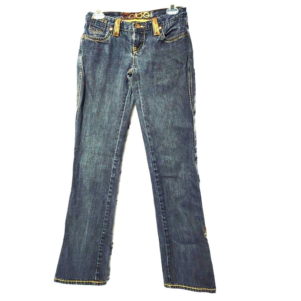 Coogi Vintage Embroidered Distressed Straight Leg Jeans Low Rise Blue Womens 3/4